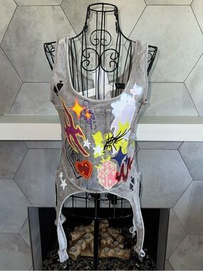 RARE! NWT🖤AKIRA GRAFFITI DETAIL GRAY DENIM CORSET TOP Size M